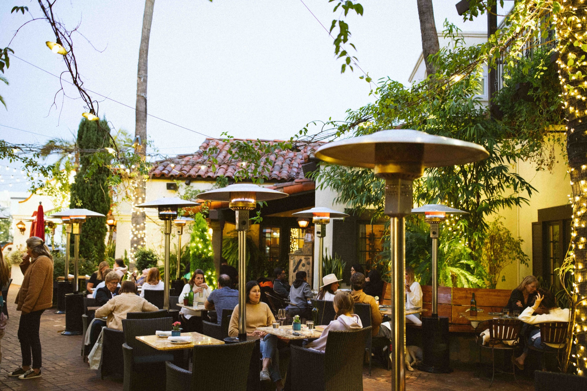 Guests dining on the string-lit courtyard patio at dusk at Tin Roof Bistro
